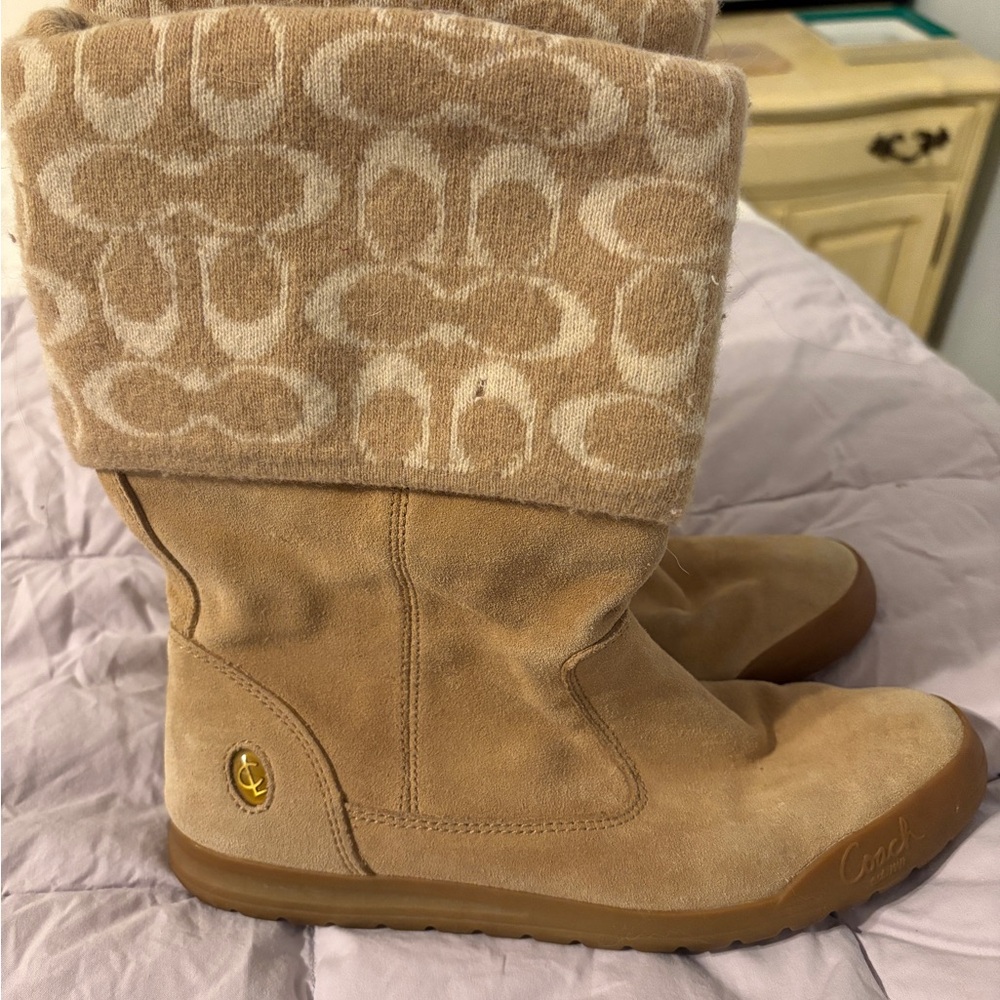 Coach Tan Suede Boots with Logo Cuff